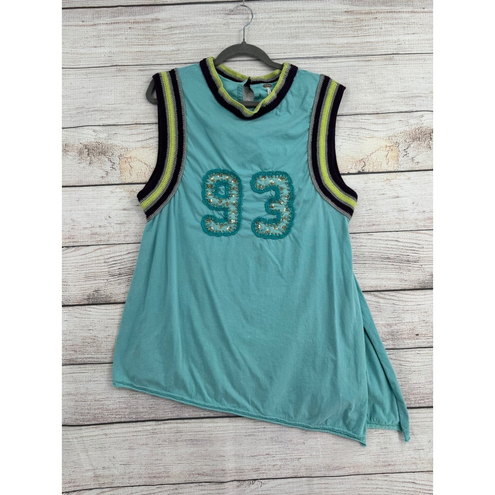 Free People Tank Top Womens Large Turquoise Asymmetrical 93 Sequin Jersey